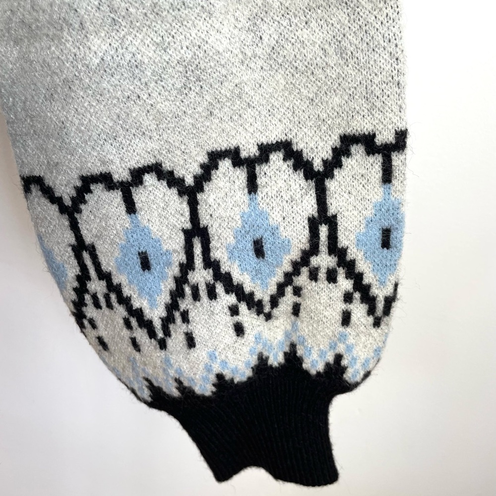 Fair Isle Scandi Pullover Sweater, Pretty Balloon Sleeve, Ivory Blue Black Heart - Picture 7 of 14